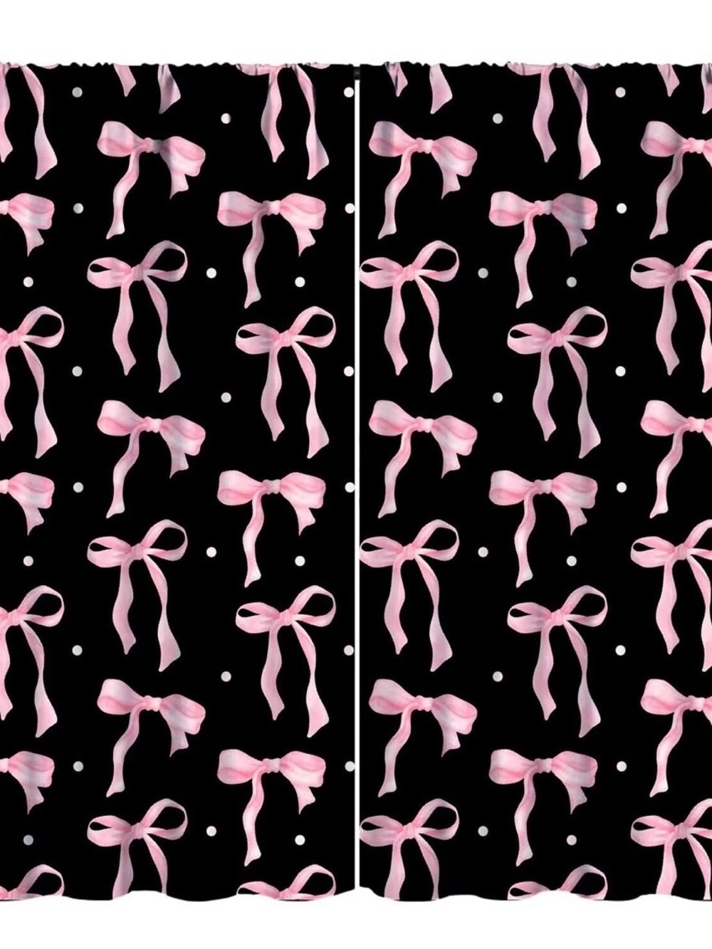 Pink Bow Black Curtains - Playful Ribbon Print
